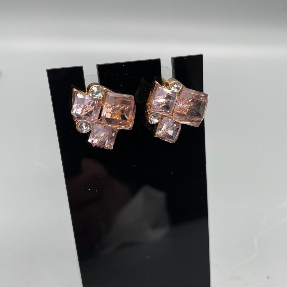 Rose‎ Gold Tone Pink Crystal Cluster Stud Earrings Geometric Rhinestone Accents